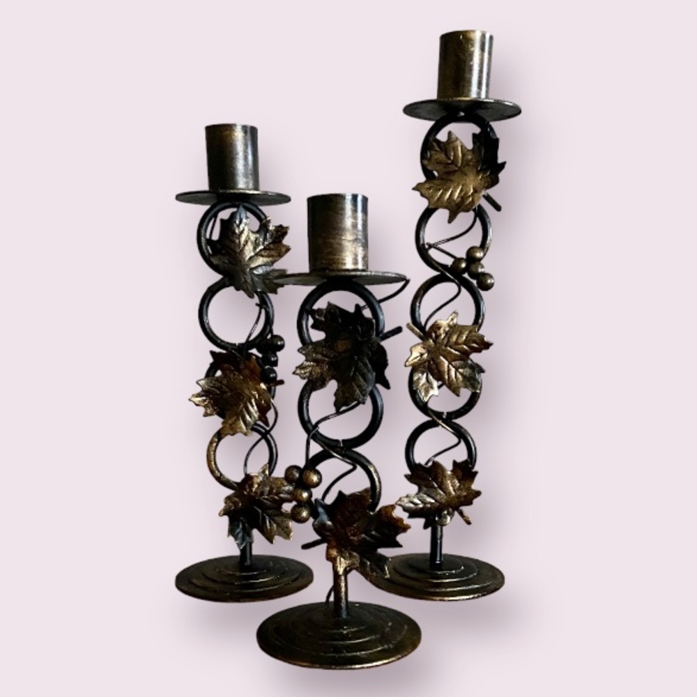 Set of 3 Vintage Bronze Metal Candle Holders with Rings and Grapevine Design